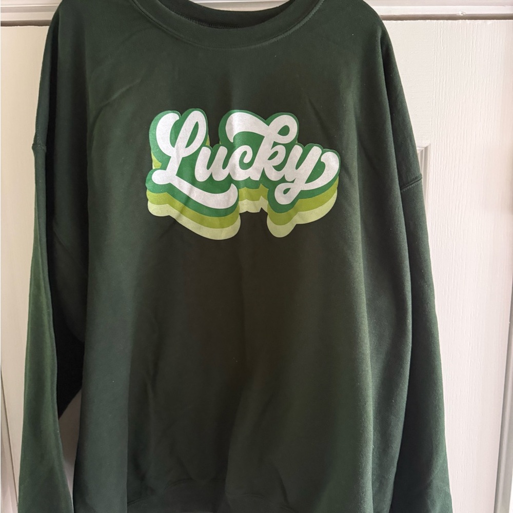 Gildan Forest Green 'Lucky' Graphic Crewneck with White & Light Green Script
